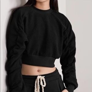 Twenty Montreal Sunnyside Cropped Ruched Cotton Black Terry Sweatshirt